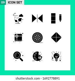 Set of 9 Vector Solid Glyphs on Grid for pill; movie; data; line; present Editable Vector Design Elements