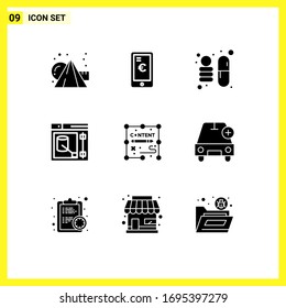 Set of 9 Vector Solid Glyphs on Grid for duplicate; content; pharmacy; web; designer Editable Vector Design Elements