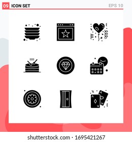 Set of 9 Vector Solid Glyphs on Grid for jewelry; achievements; balloon; parade; instrument Editable Vector Design Elements