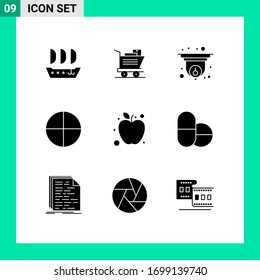 Set of 9 Vector Solid Glyphs on Grid for tablets; healthy; security; fruit; tablet Editable Vector Design Elements