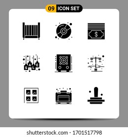 Set of 9 Vector Solid Glyphs on Grid for loudspeaker; sale tag; cash; sale label; label Editable Vector Design Elements