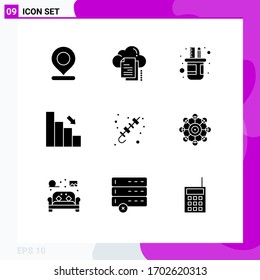 Set of 9 Vector Solid Glyphs on Grid for finance; chart; document; business; scale Editable Vector Design Elements