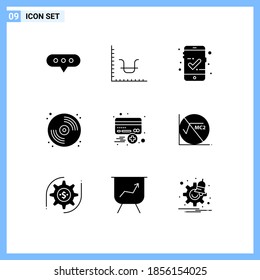 Juego de 9 glifos sólidos vectoriales en la rejilla para más; tarjeta; verificado; añadir; Elementos de diseño de vectores editables de artes