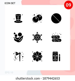 Set of 9 Vector Solid Glyphs on Grid for game; cooperation; forbidden; heart; kids Editable Vector Design Elements