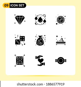 Set of 9 Vector Solid Glyphs on Grid for charity; play; compass; gambling; casino Editable Vector Design Elements