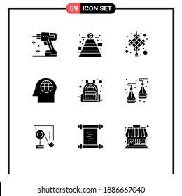 Set of 9 Vector Solid Glyphs on Grid for travel; backpack; celebration; head; face Editable Vector Design Elements