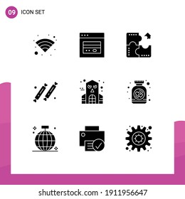 Set of 9 Vector Solid Glyphs on Grid for halloween; restaurant; application; party; candy Editable Vector Design Elements