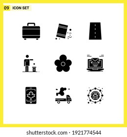 Set of 9 Vector Solid Glyphs on Grid for flower; recycling; infrastructure; ideas; bad Editable Vector Design Elements