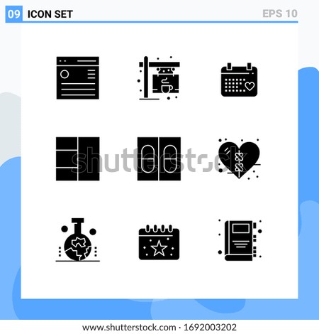 Set of 9 Vector Solid Glyphs on Grid for medical; medicine; board; wireframe; wedding Editable Vector Design Elements