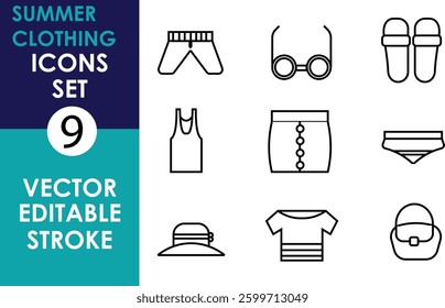 A set of 9 vector summer clothing icons: shorts, sunglasses, sandals, tank top, skirt, bikini, hat, striped T-shirt, and a handbag, with editable stroke