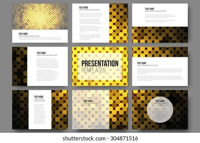 Set of 9 vector templates for presentation slides. Abstract golden dots vector background.