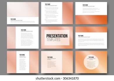 Set of 9 vector templates for presentation slides. Orange background vector illustration.