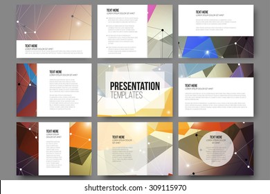 Set of 9 vector templates for presentation slides. Abstract colored background, triangle design vector illustration.