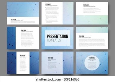 Set Of 9 Vector Templates For Presentation Slides. Blue Vector Background With Molecule Structure 