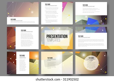 Set of 9 vector templates for presentation slides. Abstract colored background, triangle design vector illustration.