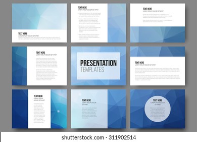 Set of 9 vector templates for presentation slides. Abstract triangle design vector background.