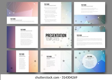 Set of 9 vector templates for presentation slides. Abstract colored background, triangle design vector illustration.