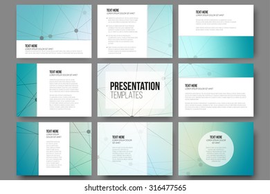 Set of 9 vector templates for presentation slides. Blue vector background with molecule structure 