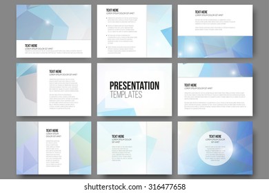 Set of 9 vector templates for presentation slides. Abstract triangle design vector background.