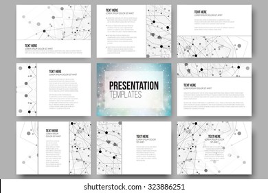 Set of 9 vector templates for presentation slides. Graphic design of molecule structure, blue scientific vector background.