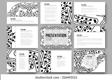 Set of 9 vector templates for presentation slides. Abstract microchip background, scientific electronic design, vector illustration.