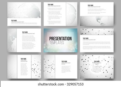 Set of 9 vector templates for presentation slides. Graphic design of molecule structure, dotted world globe. Gray scientific vector design.