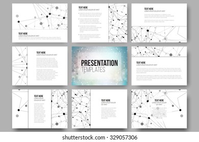 Set of 9 vector templates for presentation slides. Graphic design of molecule structure, blue scientific vector background.
