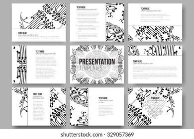 Set of 9 vector templates for presentation slides. Abstract microchip background, scientific electronic design, vector illustration.