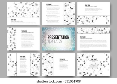 Set of 9 vector templates for presentation slides. Graphic design of molecule structure, blue scientific vector background.