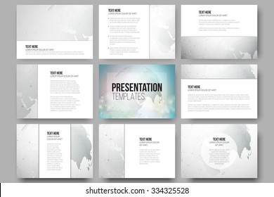 Set of 9 vector templates for presentation slides. Graphic design of molecule structure, dotted world globe on background . Gray scientific vector design.