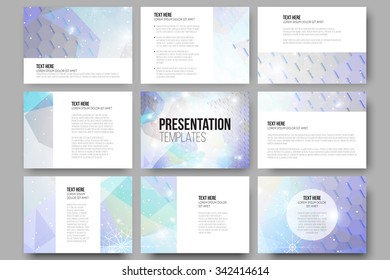 Set of 9 vector templates for presentation slides. Blue abstract winter background. Christmas vector style with snowflakes. 