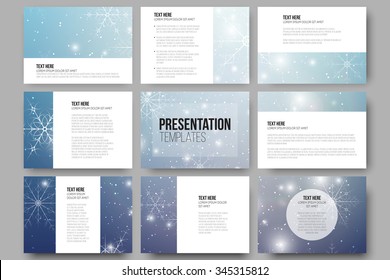 Set of 9 vector templates for presentation slides. Blue abstract winter background. Christmas vector style with snowflakes. 