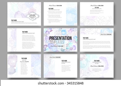 Set of 9 vector templates for presentation slides. Hand drawn floral doodle pattern, abstract vector background.