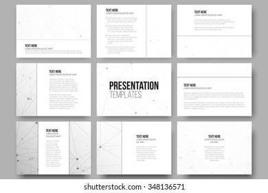 Set of 9 vector templates for presentation slides. Molecular structure design, scientific vector background.