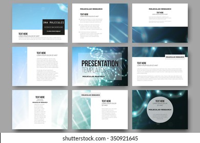 Set of 9 vector templates for presentation slides. DNA molecule structure on dark blue background. Science vector background.