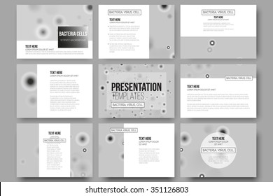 Set of 9 vector templates for presentation slides. Molecular research, illustration of cells in gray, science vector background.