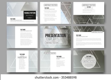 Set of 9 vector templates for presentation slides. Abstract blurred vector background with triangles, lines and dots.