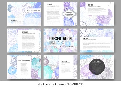 Set of 9 vector templates for presentation slides. Hand drawn floral doodle pattern, abstract vector background.