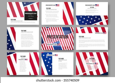 Set of 9 vector templates for presentation slides. Presidents day background, abstract poster with american flag, vector illustration