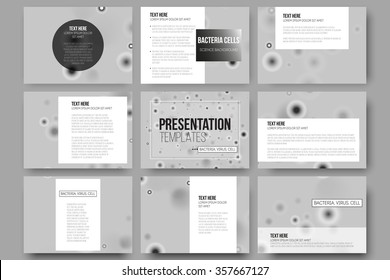 Set of 9 vector templates for presentation slides. Molecular research, illustration of cells in gray, science vector background.