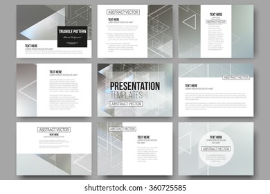 Set of 9 vector templates for presentation slides. Abstract blurred vector background with triangles, lines and dots.