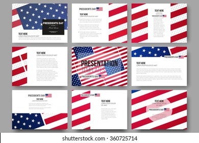 Set of 9 vector templates for presentation slides. Presidents day background with american flag, abstract vector illustration