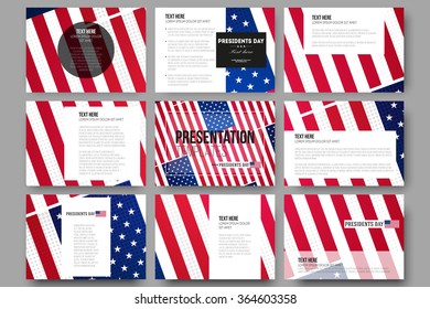 Set of 9 vector templates for presentation slides. Presidents day background with american flag, abstract vector illustration
