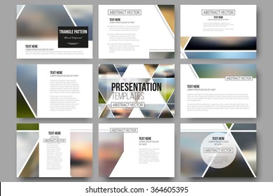 Set of 9 vector templates for presentation slides. Abstract multicolored background of blurred nature landscapes, geometric vector, triangular style illustration.