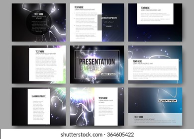 Set of 9 vector templates for presentation slides. Electric lighting effect. Magic vector background with lightning. 