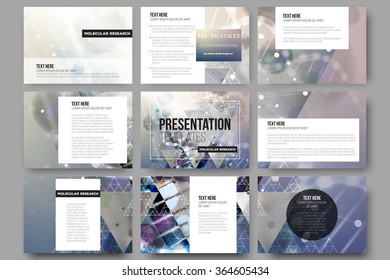 Set of 9 vector templates for presentation slides. DNA molecule structure on dark blue background. Science vector background.