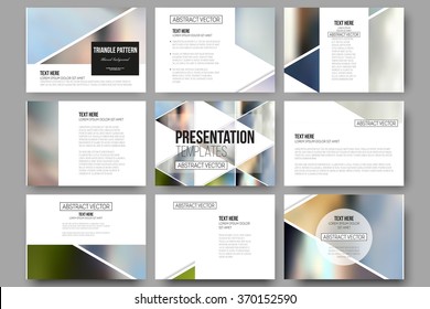 Set of 9 vector templates for presentation slides. Abstract multicolored background of blurred nature landscapes, geometric vector, triangular style illustration.
