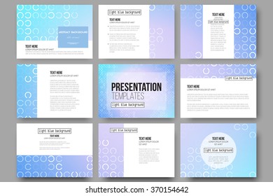 Set of 9 vector templates for presentation slides. Abstract white circles on light blue background, vector illustration.