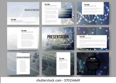 Set of 9 vector templates for presentation slides. DNA molecule structure on dark blue background. Science vector background.