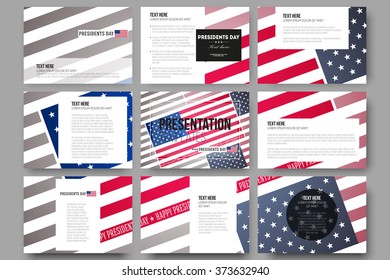 Set of 9 vector templates for presentation slides. Presidents day background with American flag, abstract vector illustration